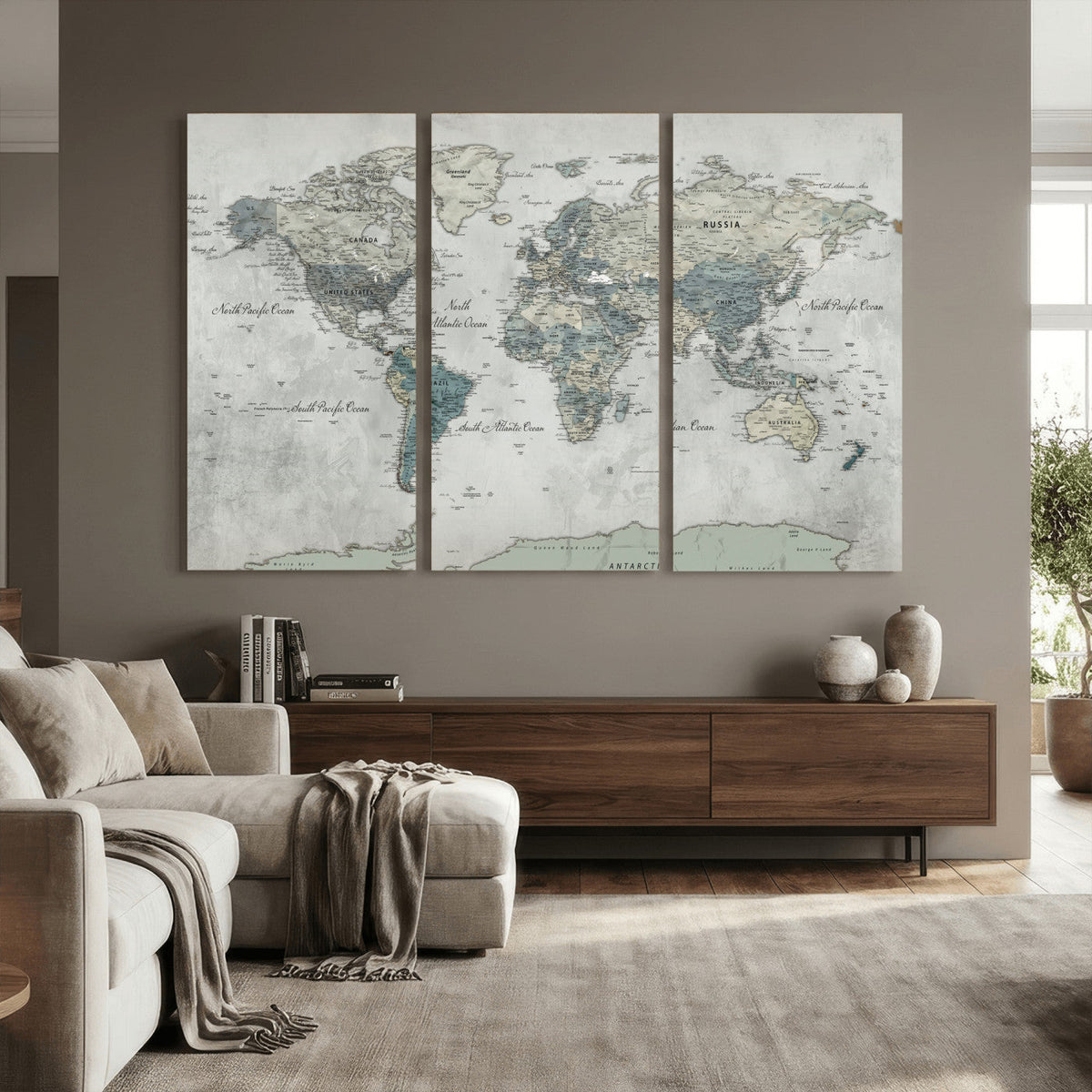 Neutral Vintage World Map Canvas Wall Art Print, Classic Map