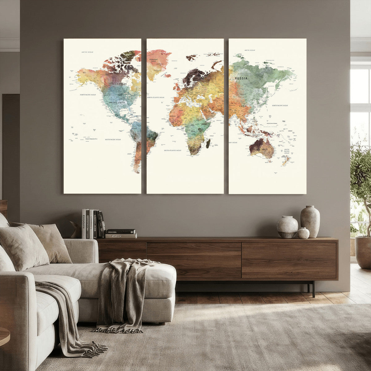 Framed World Map Wall Art Canvas Print for Living Room and