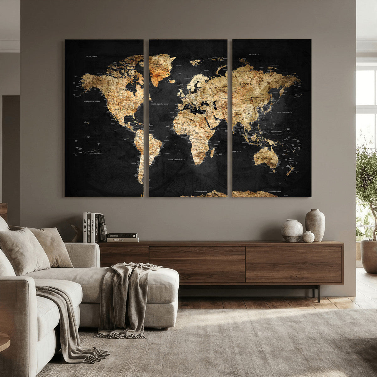 World Map Canvas Wall Art with Famous Landmarks – Framed