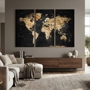 World Map Canvas Wall Art with Famous Landmarks – Framed