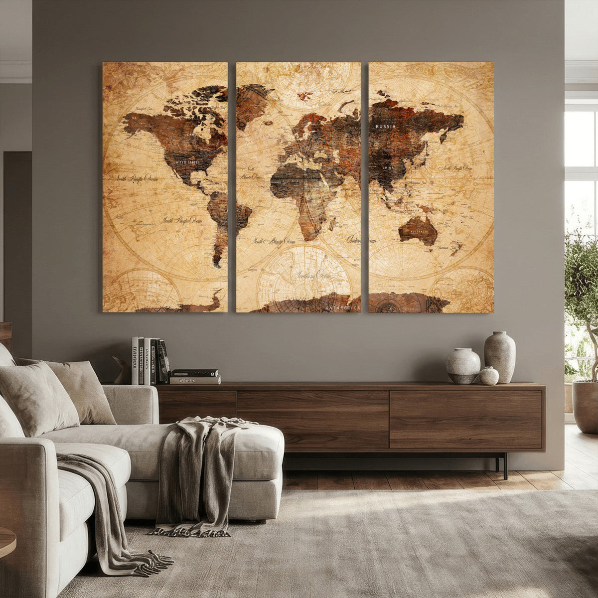 Modern Red and Gray World Map Canvas Print – Framed Wall Art