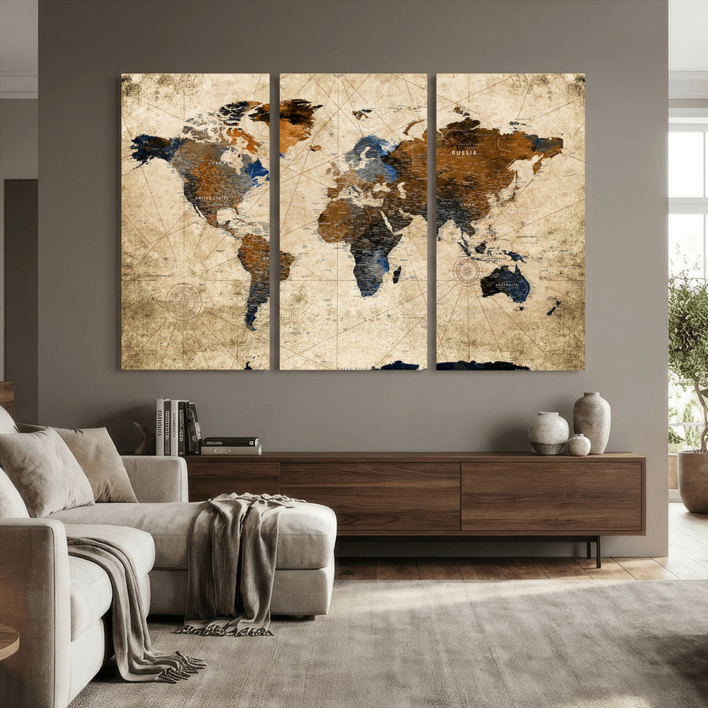 World Map Wall Art – Rustic Earth Tone Canvas Print, Antique