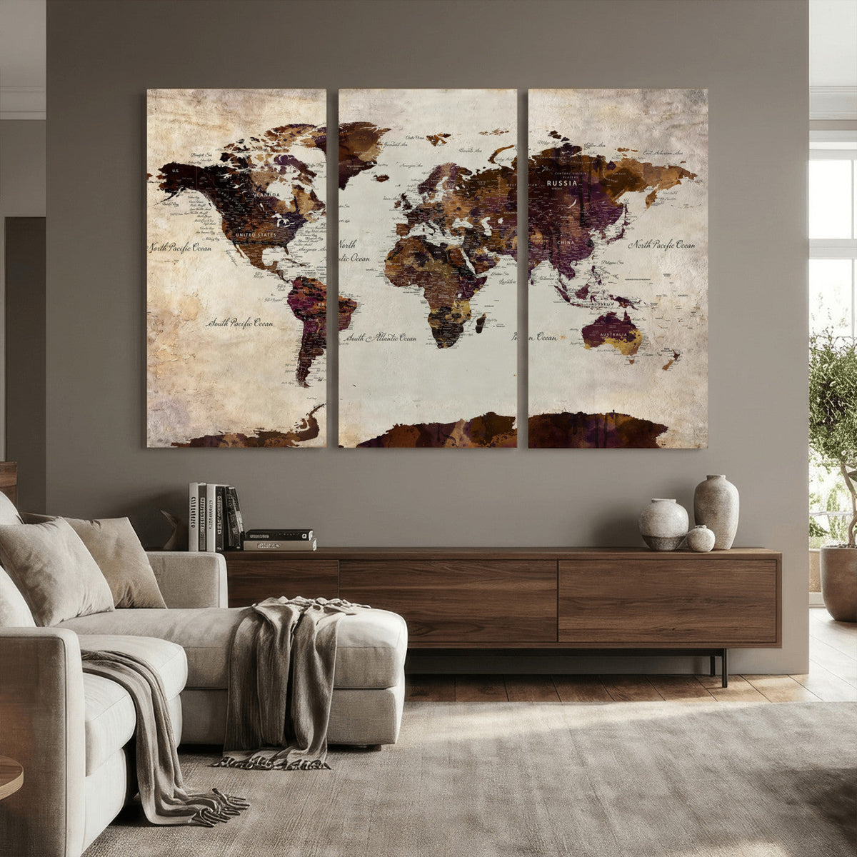 World Map Canvas Triptych – Colorful Global Wall Art for