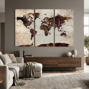 World Map Canvas Triptych – Colorful Global Wall Art for
