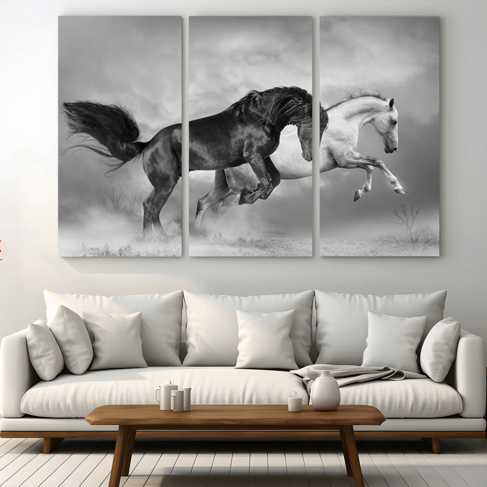 Wild Horses Wall Art Canvas Print – Framed Black and White