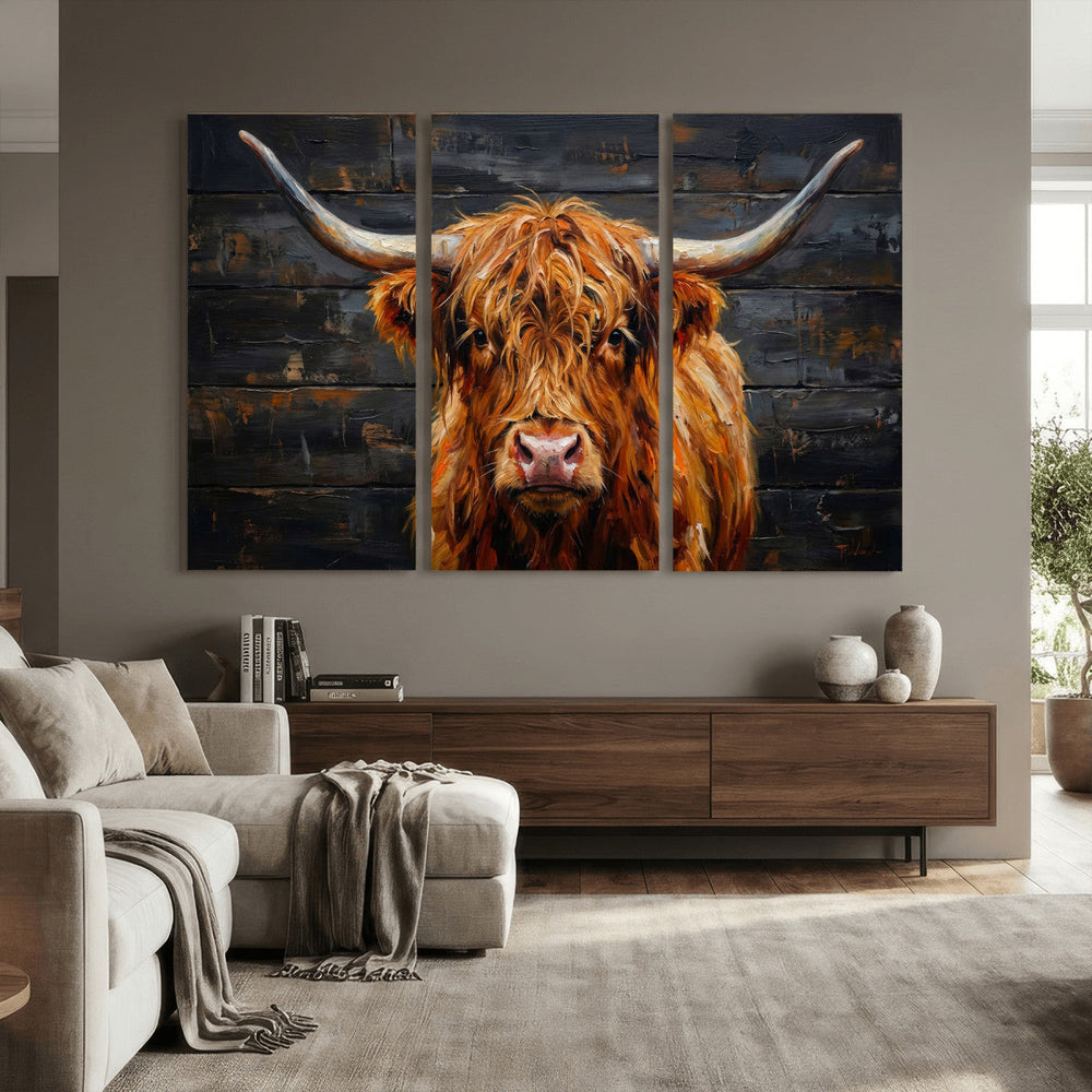 Highland Cow Wall Art Canvas Print, Rustic Farm Animal