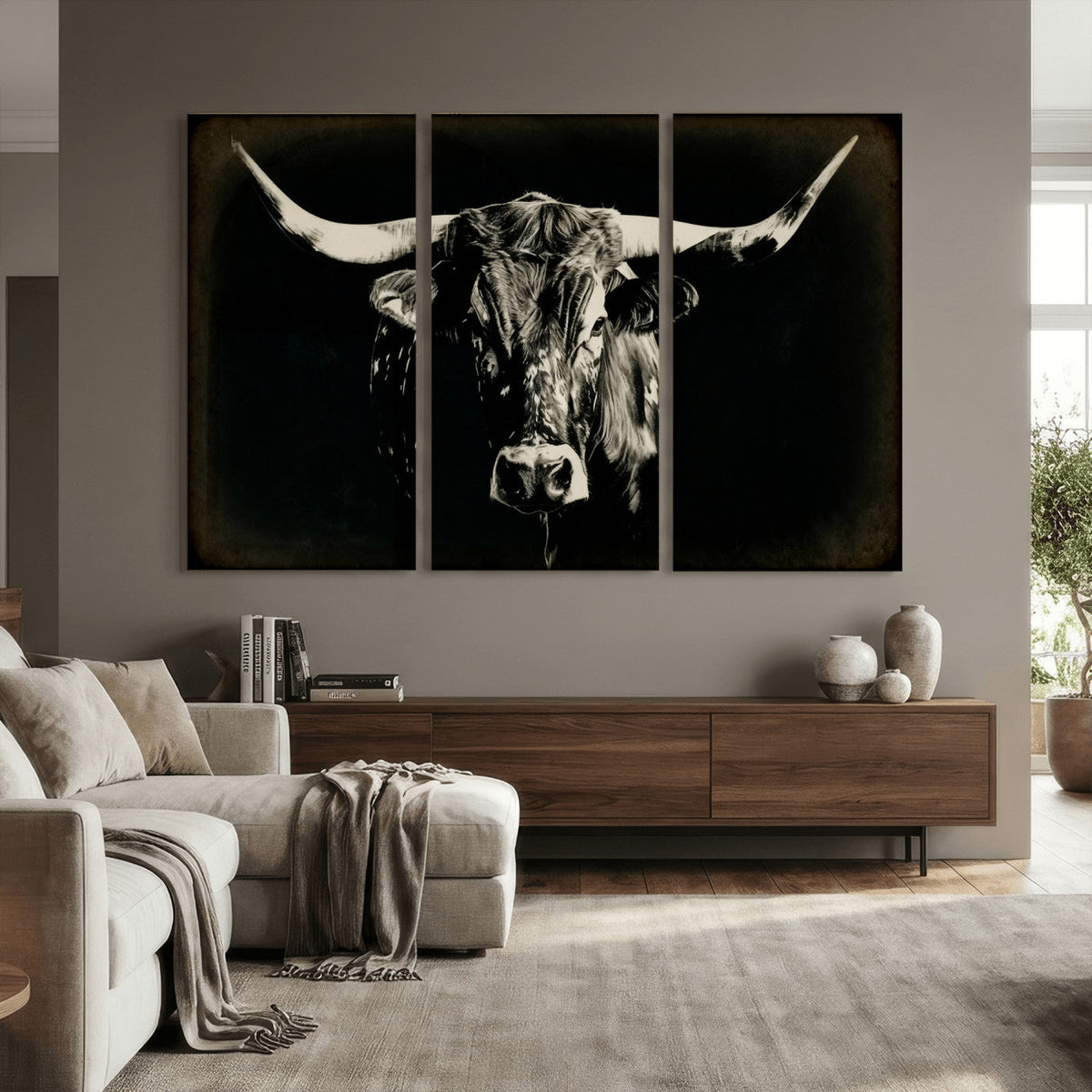 Black Bull Wall Art Canvas Print, Texas Longhorn Portrait
