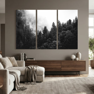 Black White Forest Wall Art Canvas Print, Misty Pine Tree