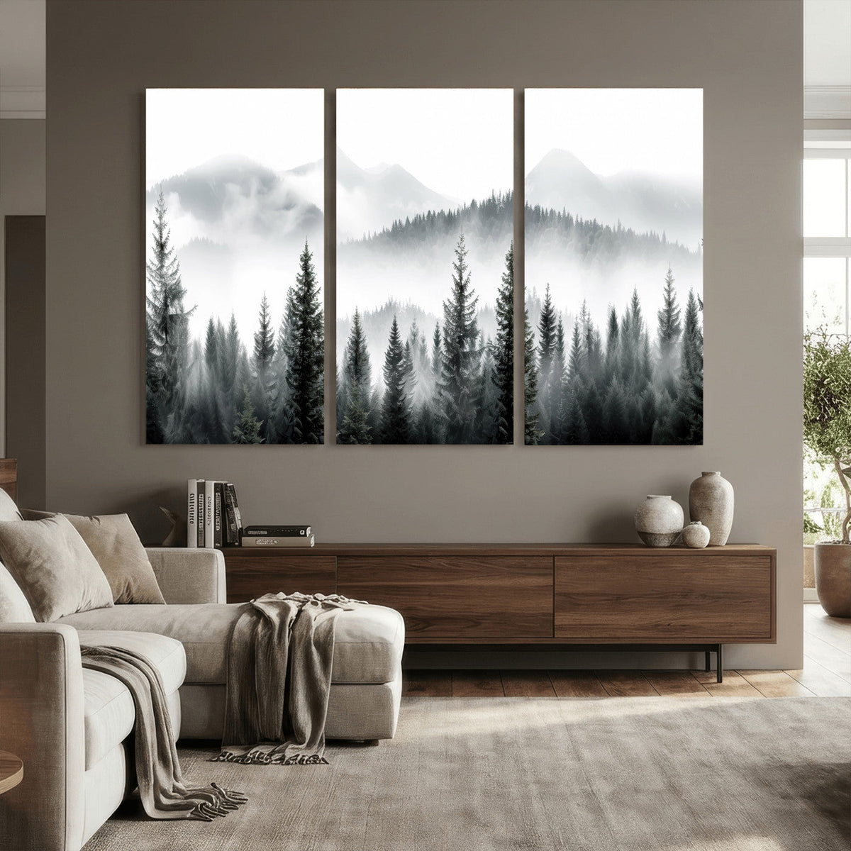 Misty Pine Forest Mountain Landscape Wall Art Canvas Print