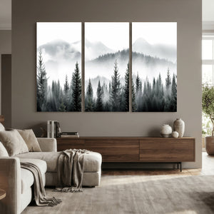 Misty Pine Forest Mountain Landscape Wall Art Canvas Print