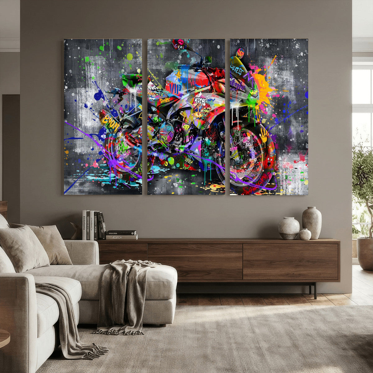 Graffiti Motorcycle Wall Art Canvas Print, Urban Street Art