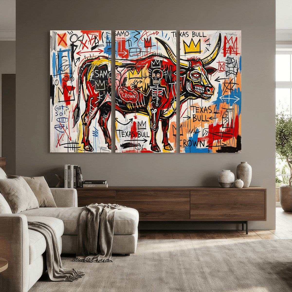 Texas Bull Wall Art Canvas Print, Abstract Graffiti Bull