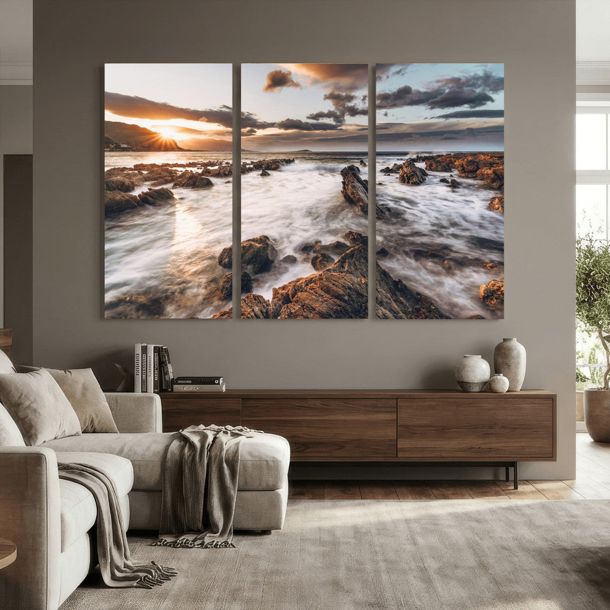 Rocky Coast Ocean Sunset Wall Art Canvas Print, Dramatic