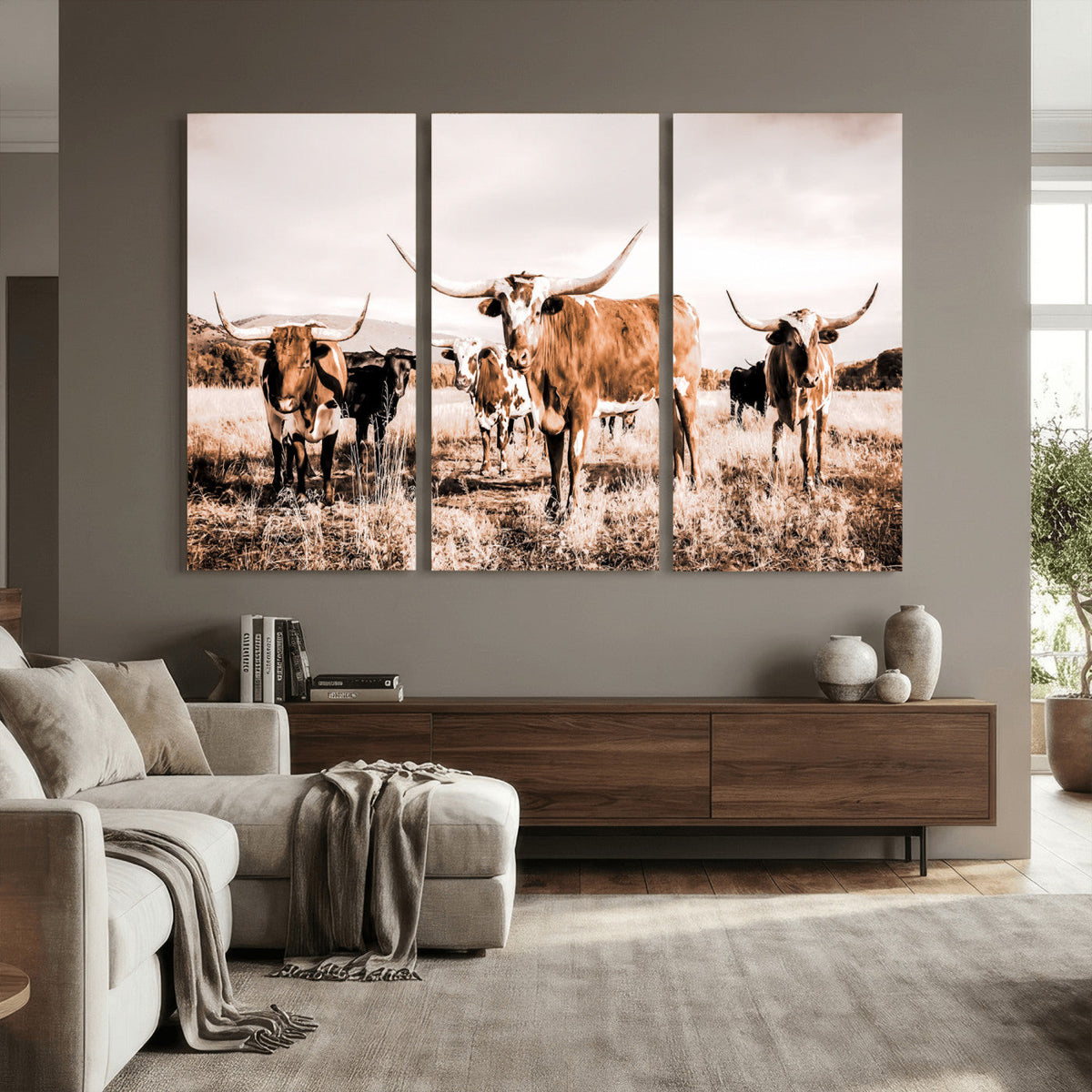 Texas Longhorn Cattle Wall Art Canvas Print, Sepia Western