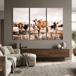 Texas Longhorn Cattle Wall Art Canvas Print, Sepia Western
