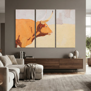 Minimal Longhorn Bull Wall Art Canvas Print, Neutral Western