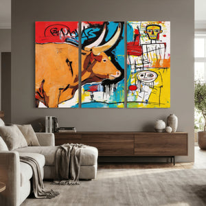 Basquiat Style Bull Graffiti Wall Art Canvas Print, Street