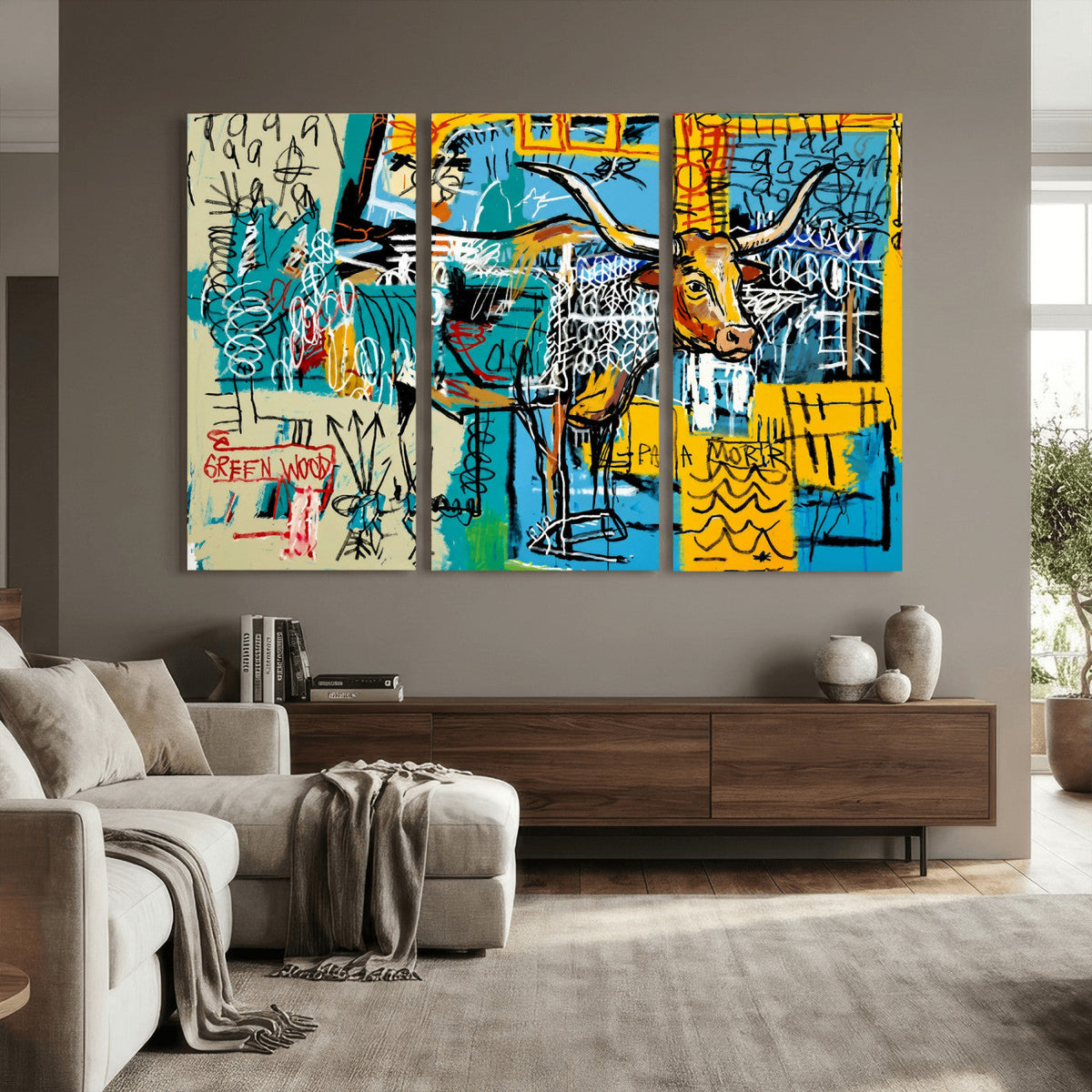 Basquiat Style Bird Bull Graffiti Wall Art Canvas Print,