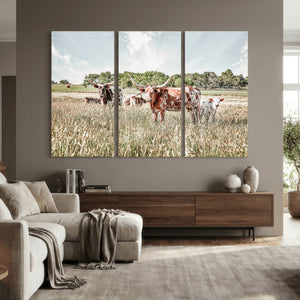 Texas Longhorn Cattle Wall Art Canvas Print, Rustic Ranch