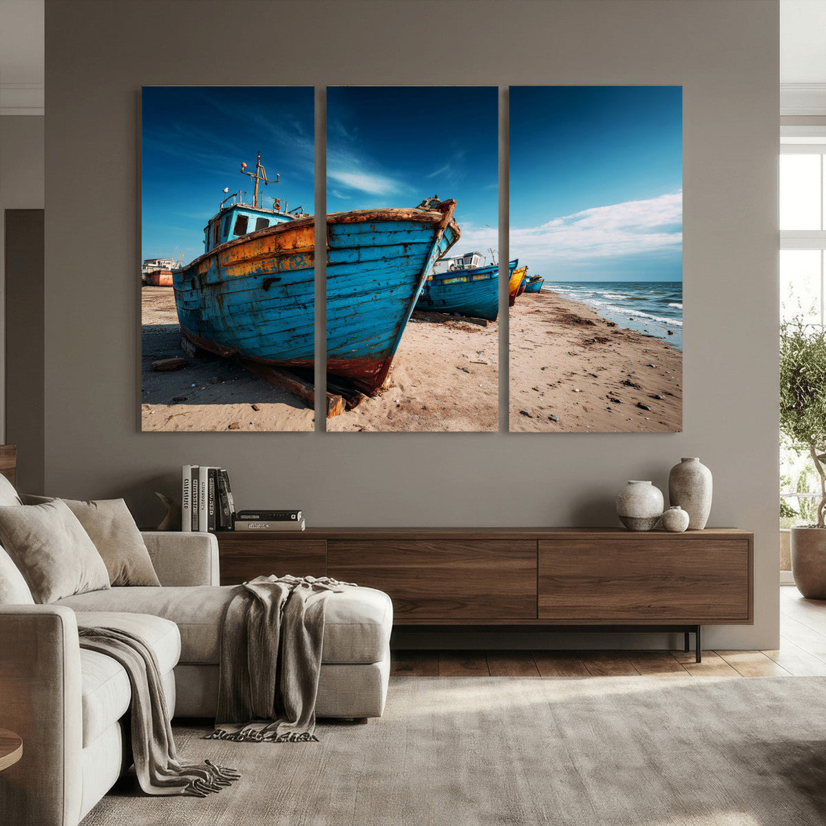 Coastal Fishing Boats Wall Art Canvas Print, Sunset Beach