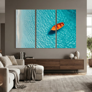 Minimalist Boat Wall Art Canvas Print, Aerial Sea Landscape