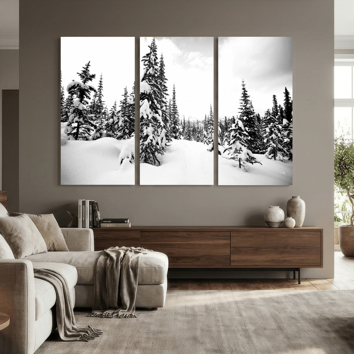 Black and White Snowy Pine Forest Wall Art Canvas Print,