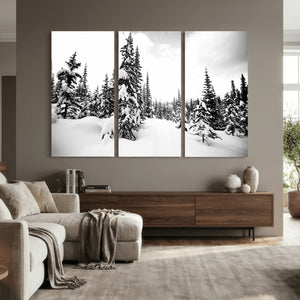 Black and White Snowy Pine Forest Wall Art Canvas Print,