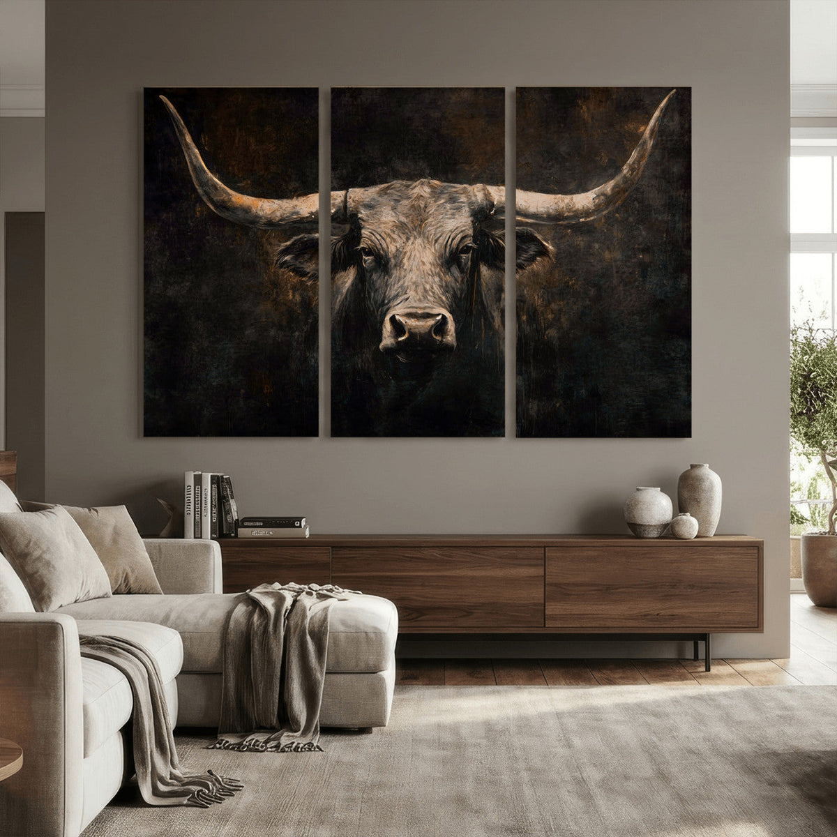 Vintage Longhorn Bull Wall Art Canvas Print – Rustic Western