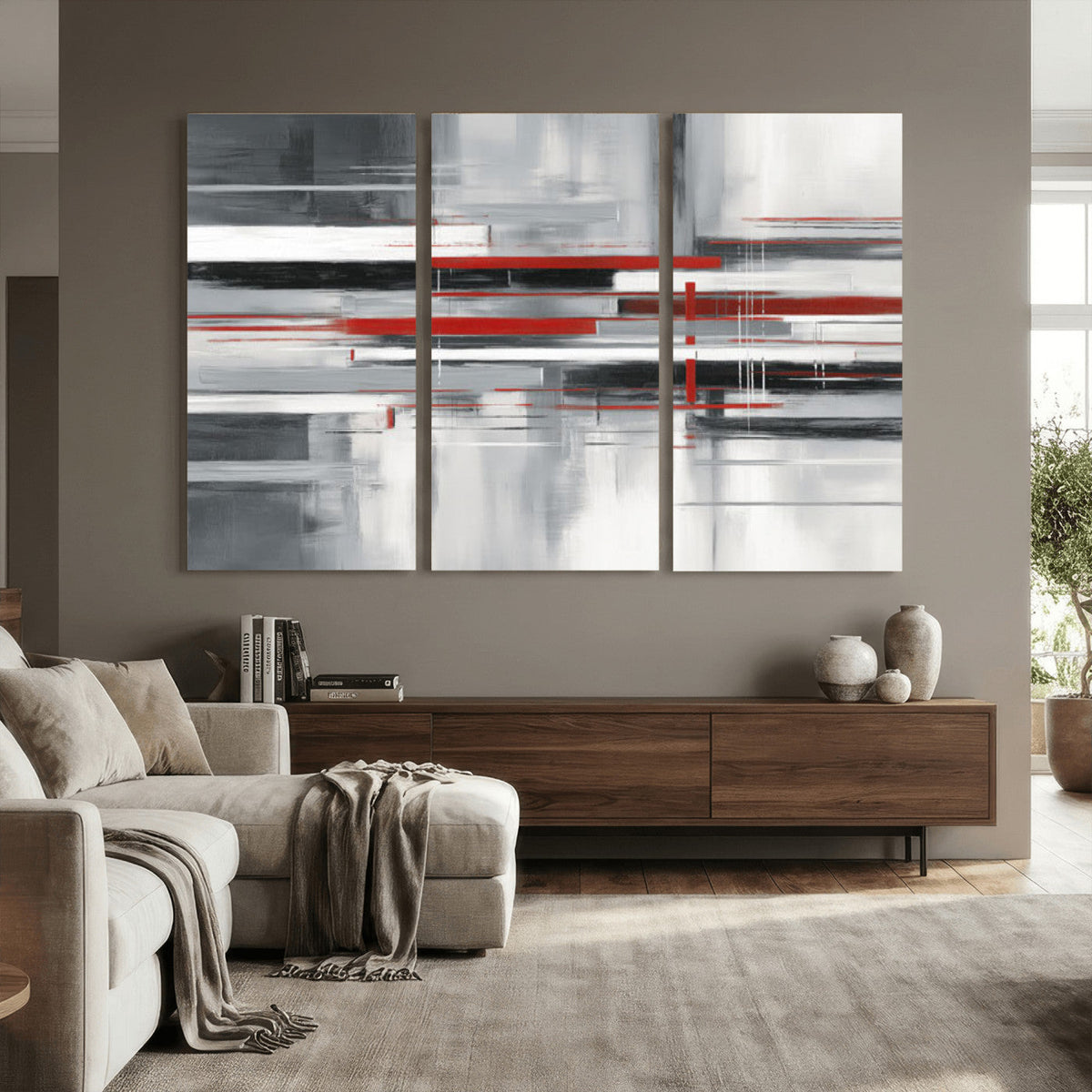 Gray Red Abstract Wall Art Canvas Print, Modern Abstract