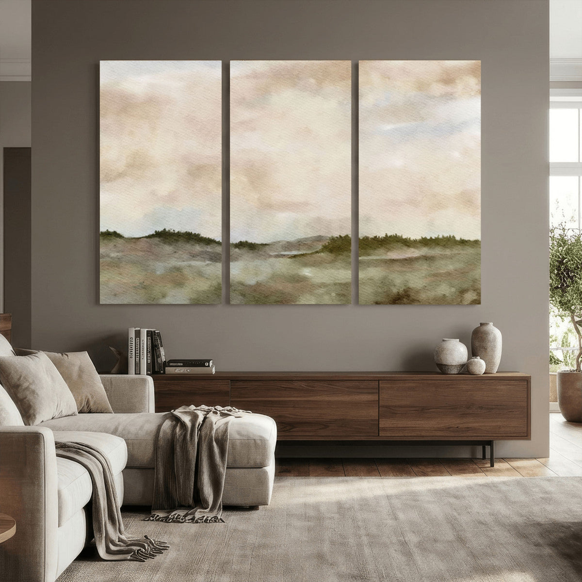 Muted Watercolor Hill Landscape Print — Beige Taupe Cloudy