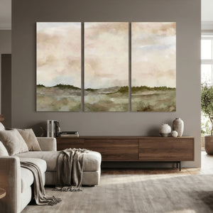 Muted Watercolor Hill Landscape Print — Beige Taupe Cloudy