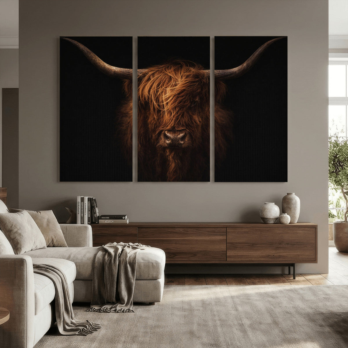 Highland Cow Wall Art Canvas Print – Moody Dark Rustic