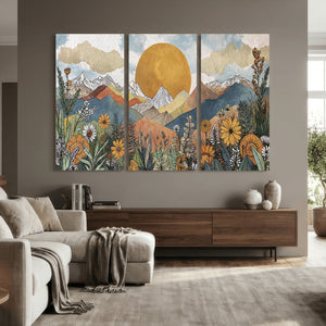 Boho Mountain Landscape Large Wall Art, Horizontal Gold