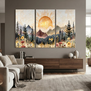 Boho Mountain Landscape Large Wall Art, Horizontal Gold