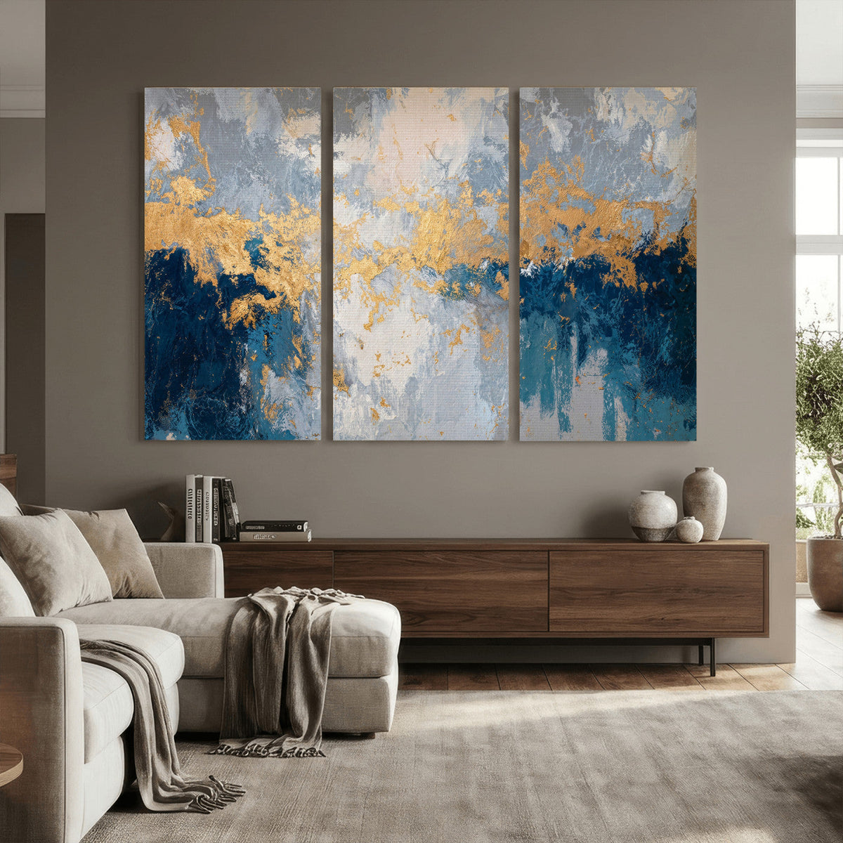 Blue Gold Abstract Large Framed Canvas Wall Art, Modern
