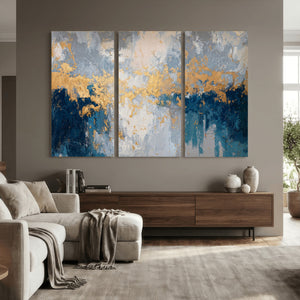 Blue Gold Abstract Large Framed Canvas Wall Art, Modern