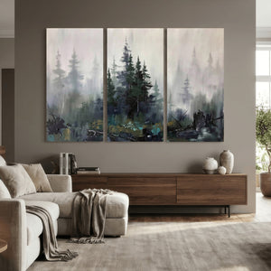 Misty Pine Forest Oil Painting Canvas — Dark Moody Teal Grey