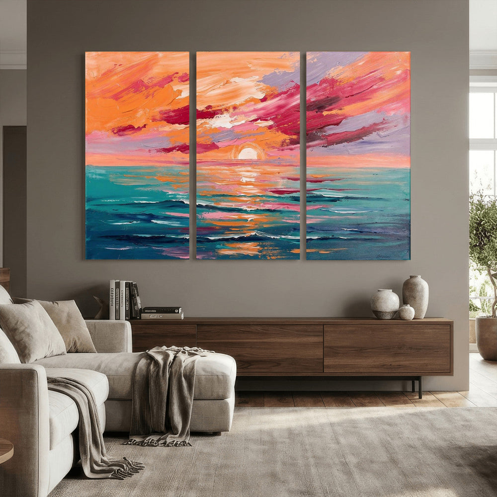Bold Palette Knife Ocean Sunset Canvas — Orange Pink Teal