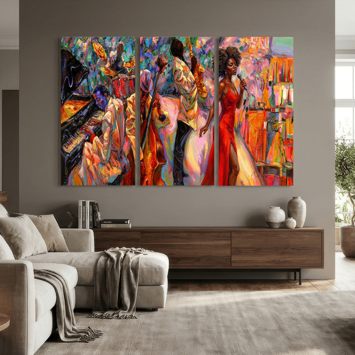 African American Jazz Singer Canvas Art — Red Dress Black