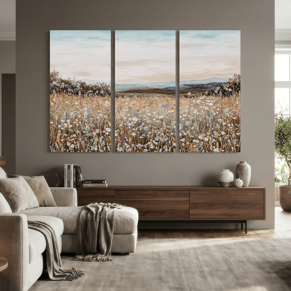 Neutral Wildflower Field Canvas Wall Art — Beige Earth Tone