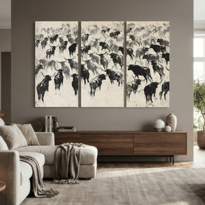 Longhorn Cattle Canvas Wall Art, Black White Stampede Ink