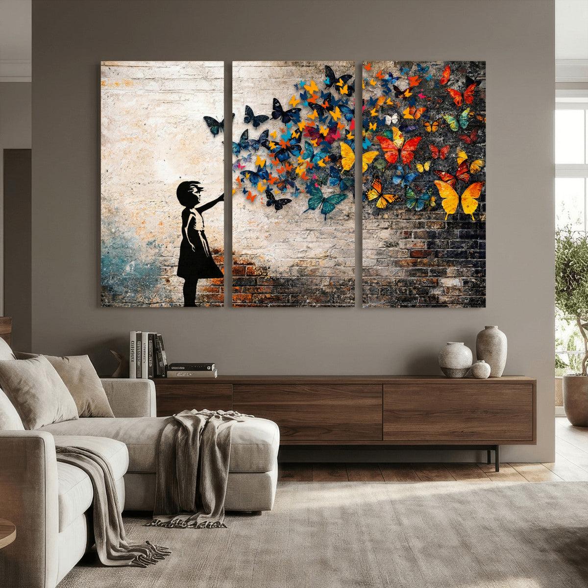 Banksy Graffiti Butterfly Girl Wall Art Canvas Print, Framed