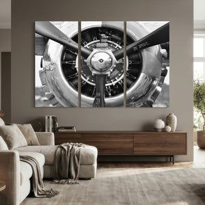 Vintage Propeller Plane Wall Art Canvas Print, Black and