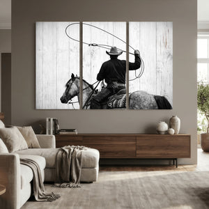 Cowboy Lasso Canvas Wall Art, Black White Western Horse