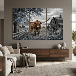 Texas Longhorn Canvas Wall Art, Rustic Farm Barn Bluebonnet