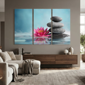 Zen Canvas Wall Art Lotus Flower Stacked Stones Teal Spa