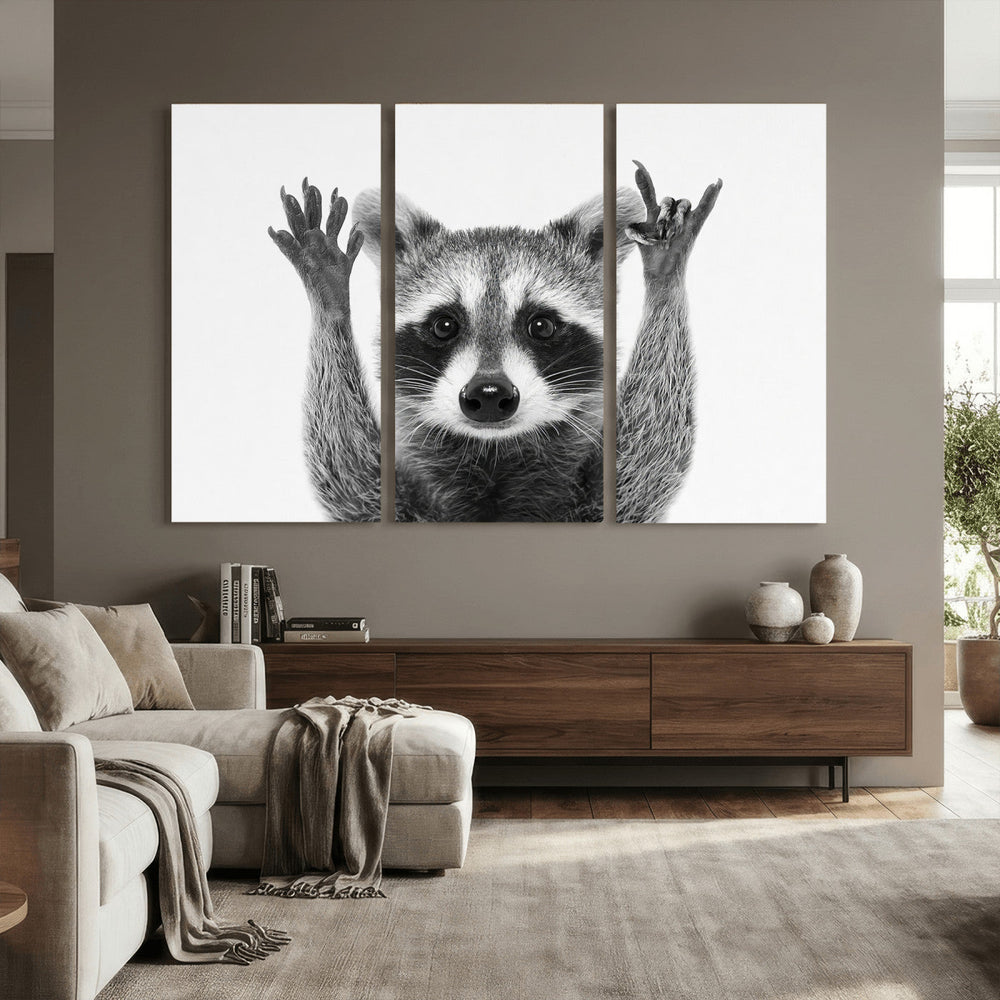 Funny Raccoon Canvas Wall Art, Black White Hands Up Animal Photo Print, Humorous Wildlife Decor, Kids Room Nursery Art, Quirky Animal Gift