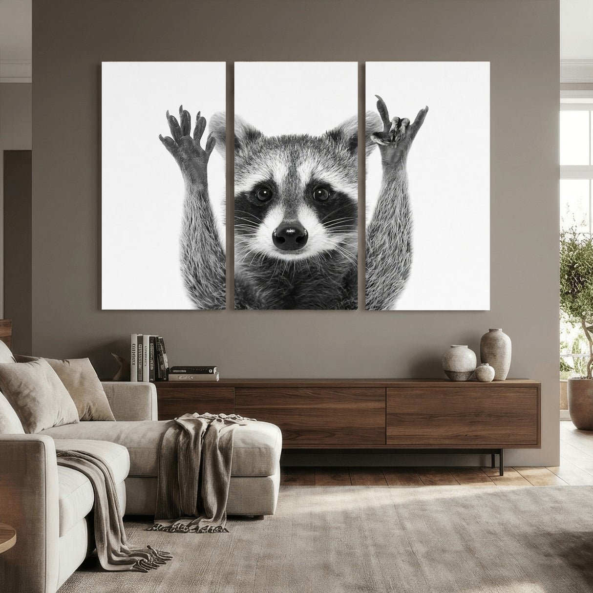 Funny Raccoon Canvas Wall Art, Black White Hands Up Animal Photo Print, Humorous Wildlife Decor, Kids Room Nursery Art, Quirky Animal Gift