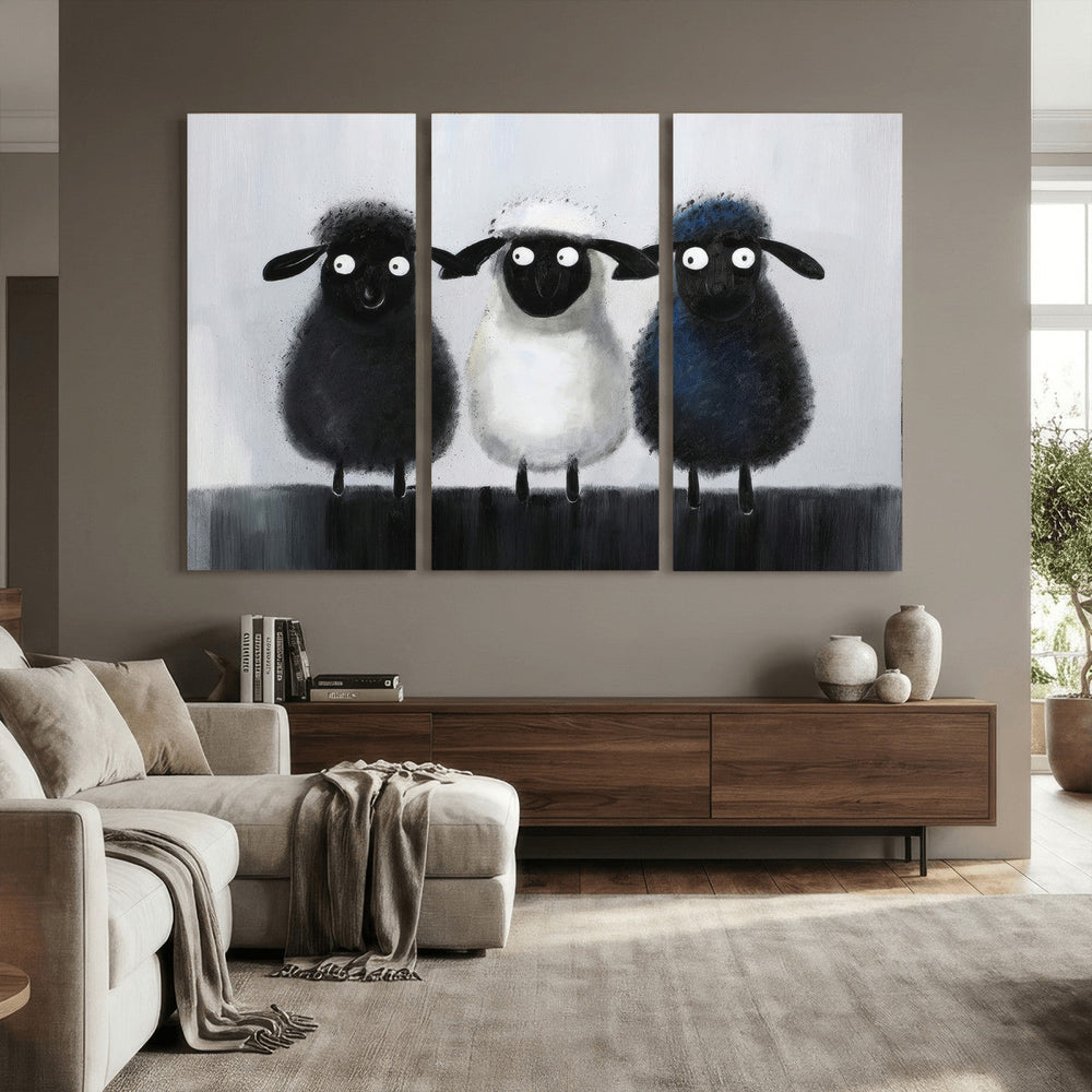 Funny Sheep Canvas Wall Art, Three Quirky Sheep Painting Print, Cute Animal Nursery Decor, Black White Navy Farmhouse Art, Kids Room Gift