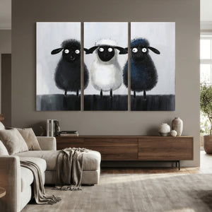 Funny Sheep Canvas Wall Art, Three Quirky Sheep Painting Print, Cute Animal Nursery Decor, Black White Navy Farmhouse Art, Kids Room Gift